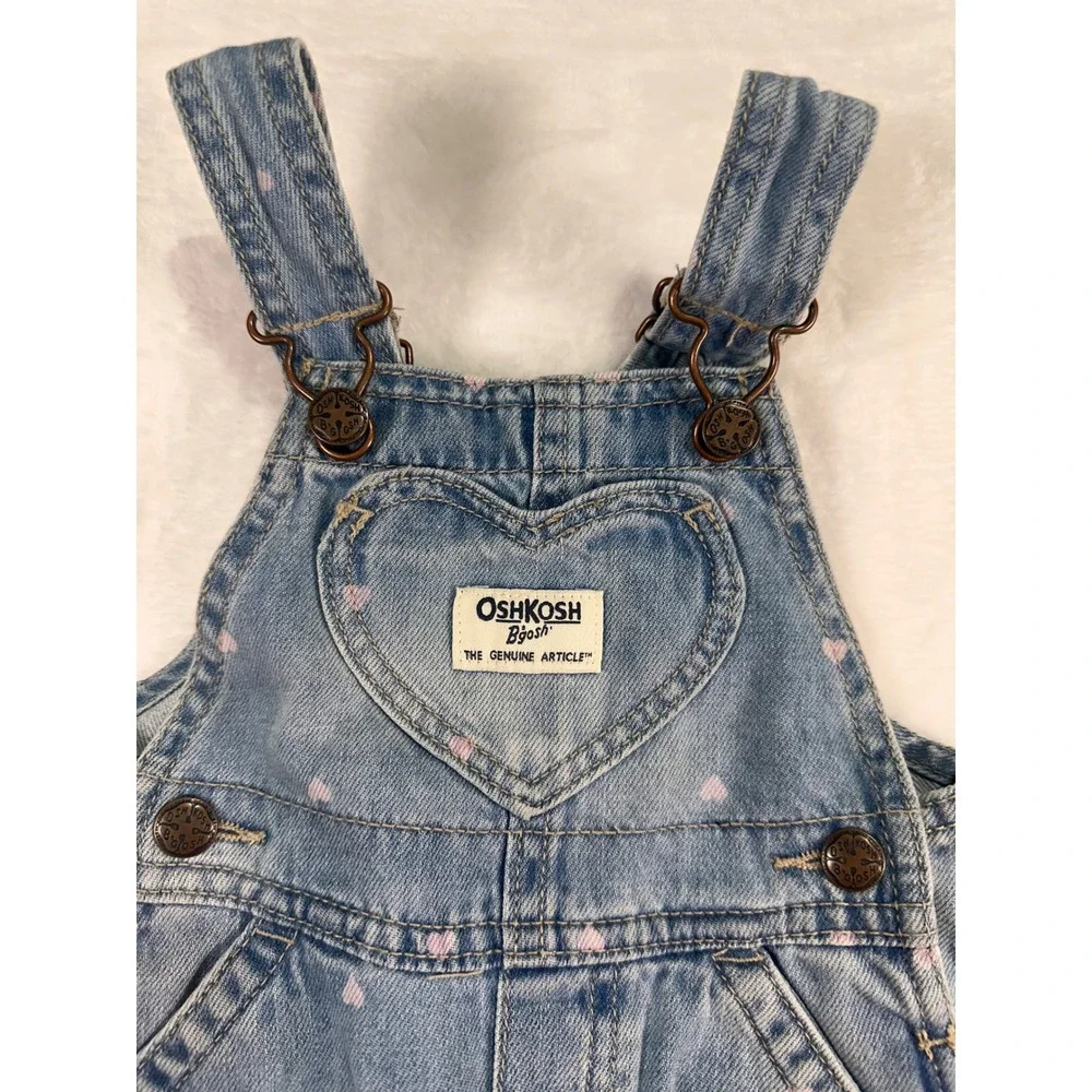 OshKosh B'gosh Denim Overalls 3M Blue Pink‎ Heart Print Vestbak Baby Girl